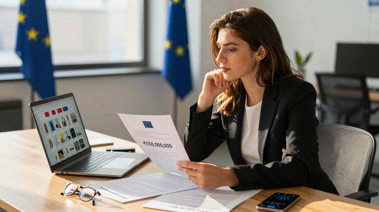 Mulher em escritório analisando documento com valor em euros, laptop e bandeiras da União Europeia ao fundo.