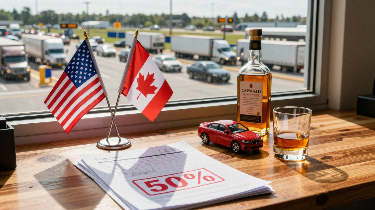Mesa com documentos marcados com 50%, bandeiras dos EUA e Canadá, mini carro vermelho e copo com bebida.