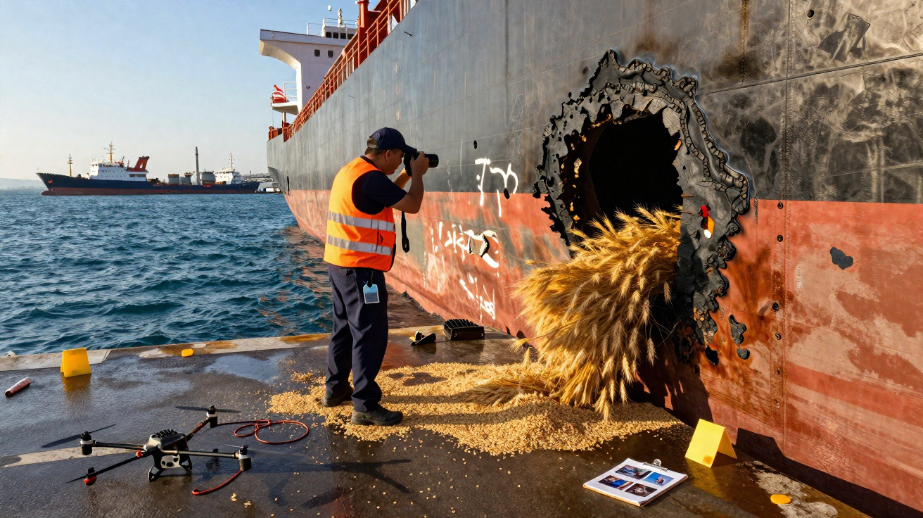 Funcionário fotografa grãos derramando por buraco queimado na lateral de navio no porto.