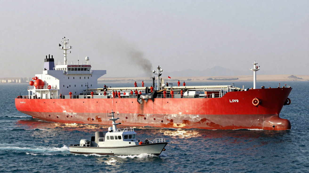 Navio petroleiro vermelho e barco de patrulha branca navegando próximo em mar calmo com costa ao fundo.