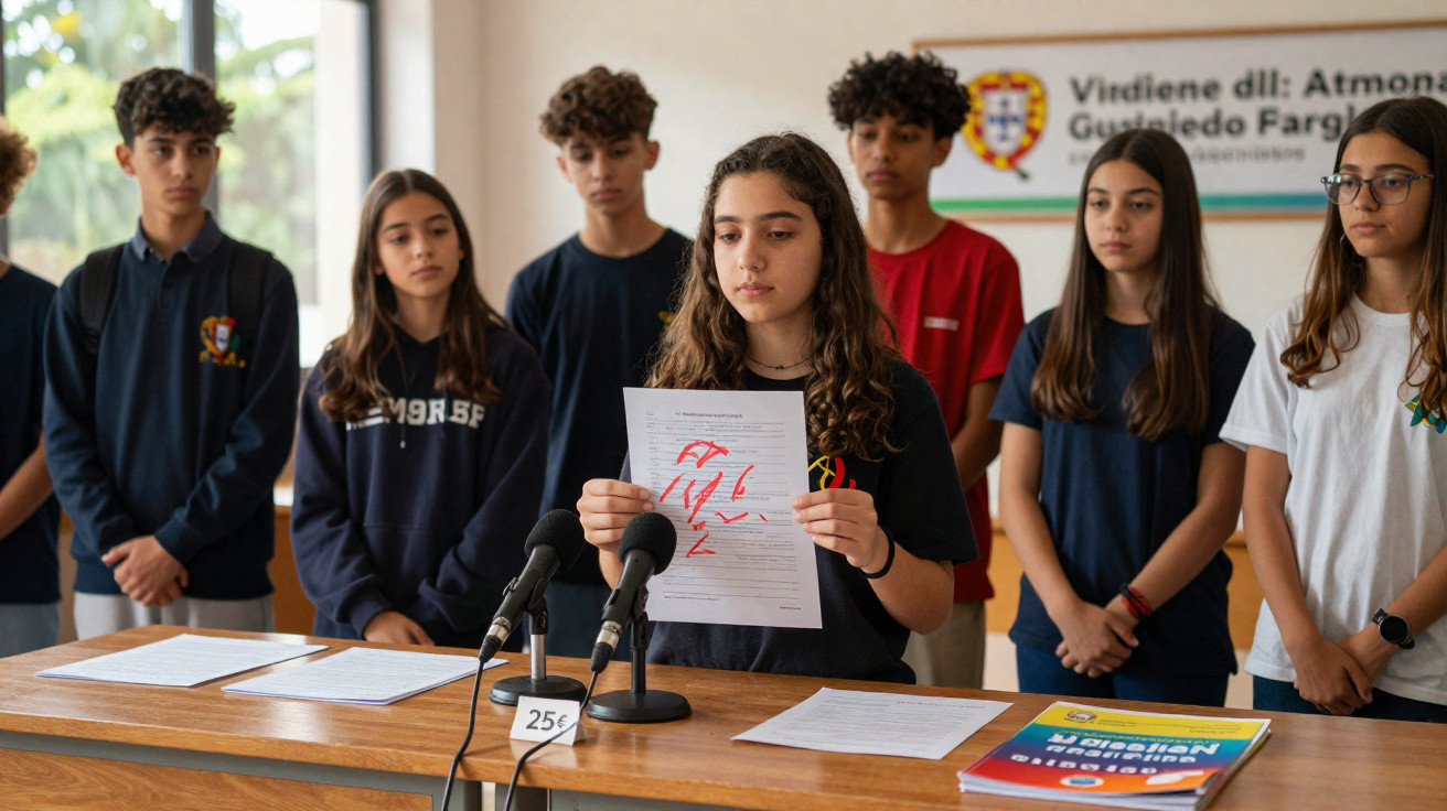 Adolescente segura papel com desenho vermelho em frente a microfones, com grupo de jovens ao fundo em sala de aula.