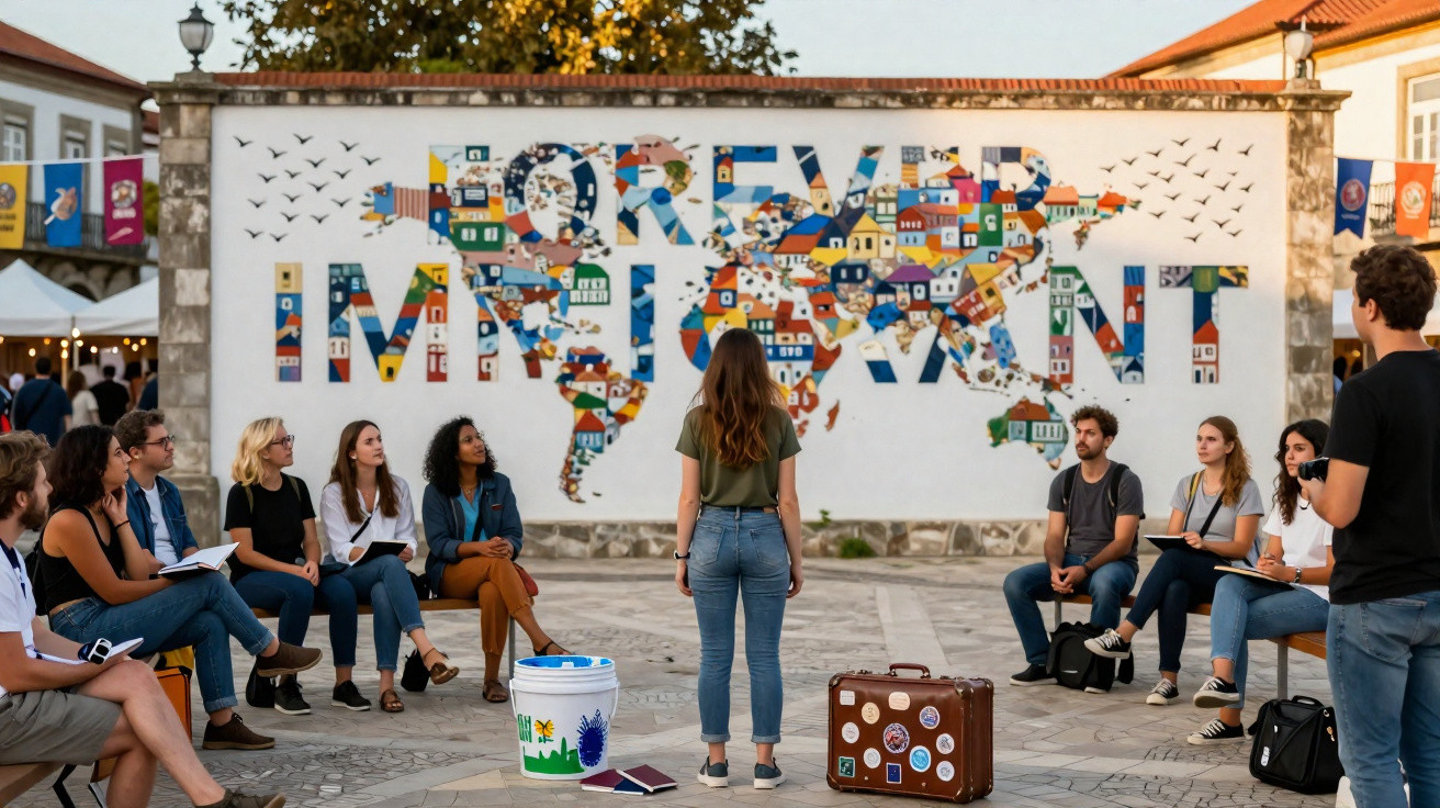 Pessoa em pé em praça observa mural colorido com mapa e frase "Forever Immigrant", enquanto grupo sentado a contempla.