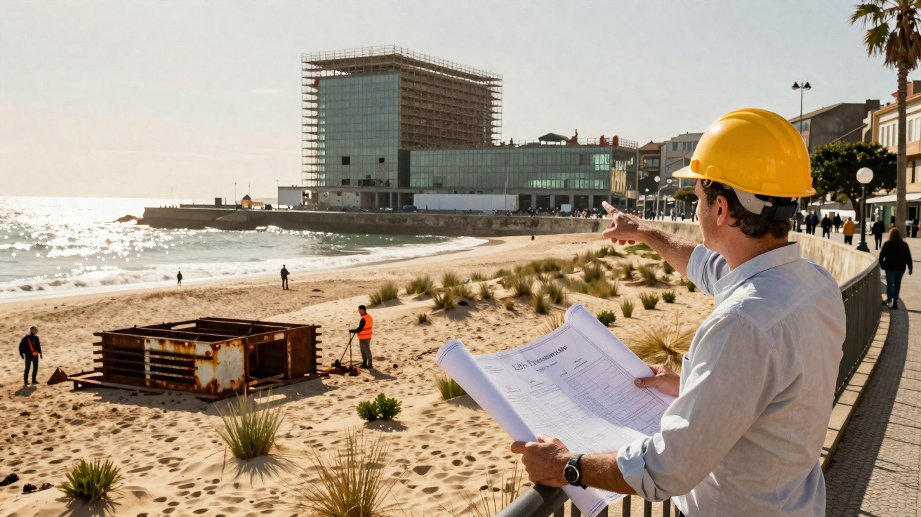 Engenheiro com capacete amarelo observa e aponta para obra na praia com prédio moderno ao fundo.