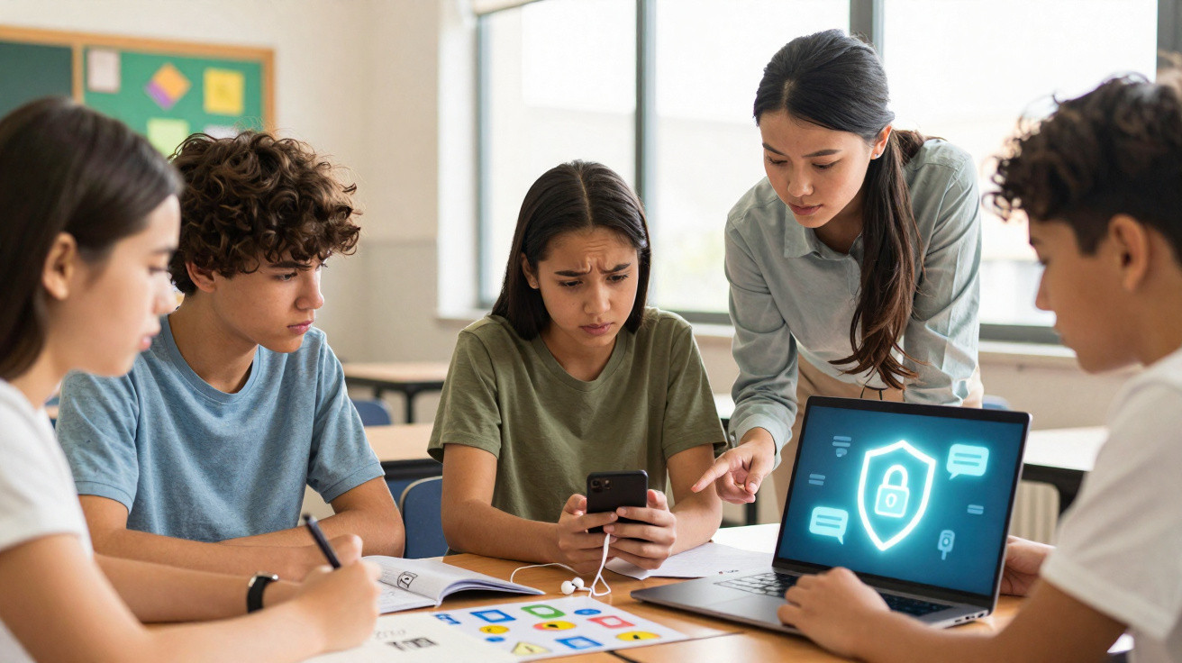 Grupo de adolescentes em sala de aula aprendendo sobre segurança digital com laptop e celular.