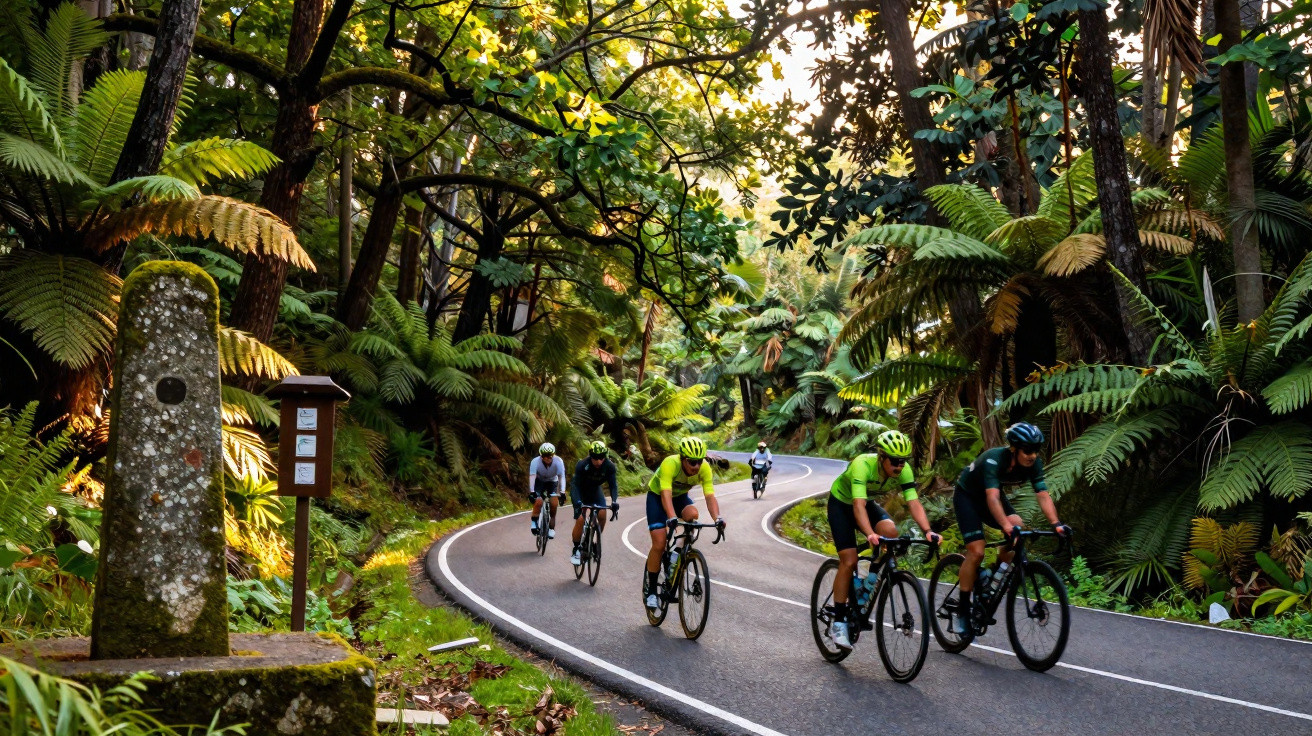 Grupo de ciclistas pedalando em estrada sinuosa cercada por vegetação densa e árvores altas.