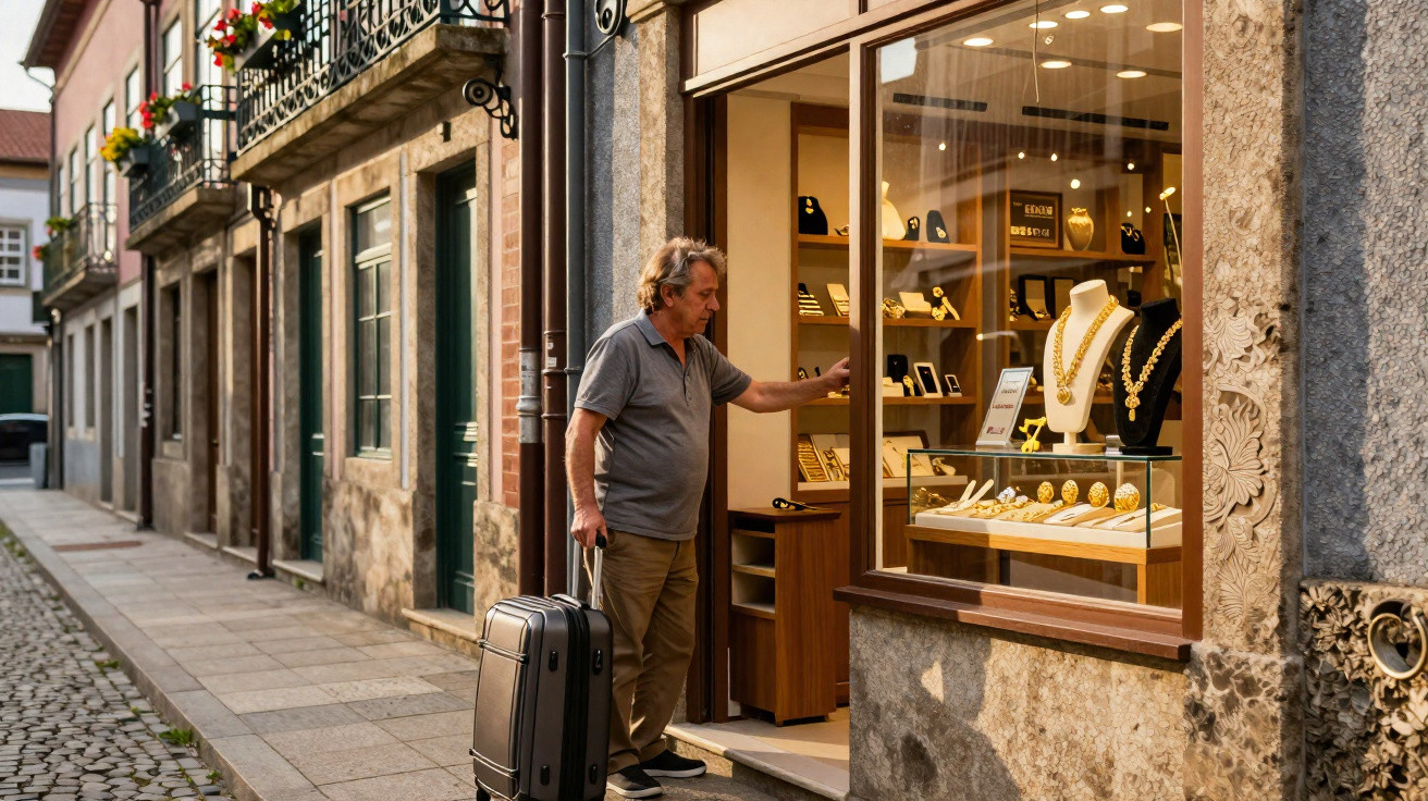 Homem com mala observa vitrine de joalheria em rua de pedra com prédios antigos e flores nas janelas.
