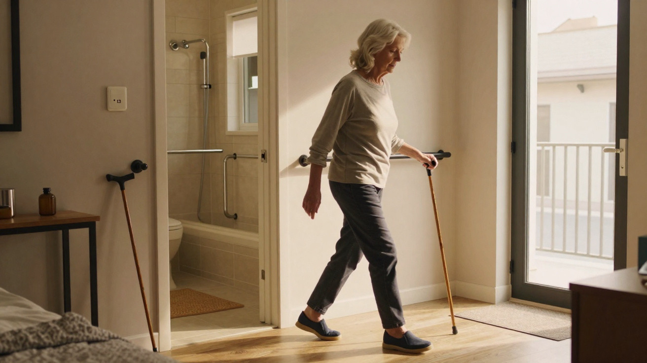 Mulher idosa usando bengala caminhando em casa perto de porta com luz natural entrando.