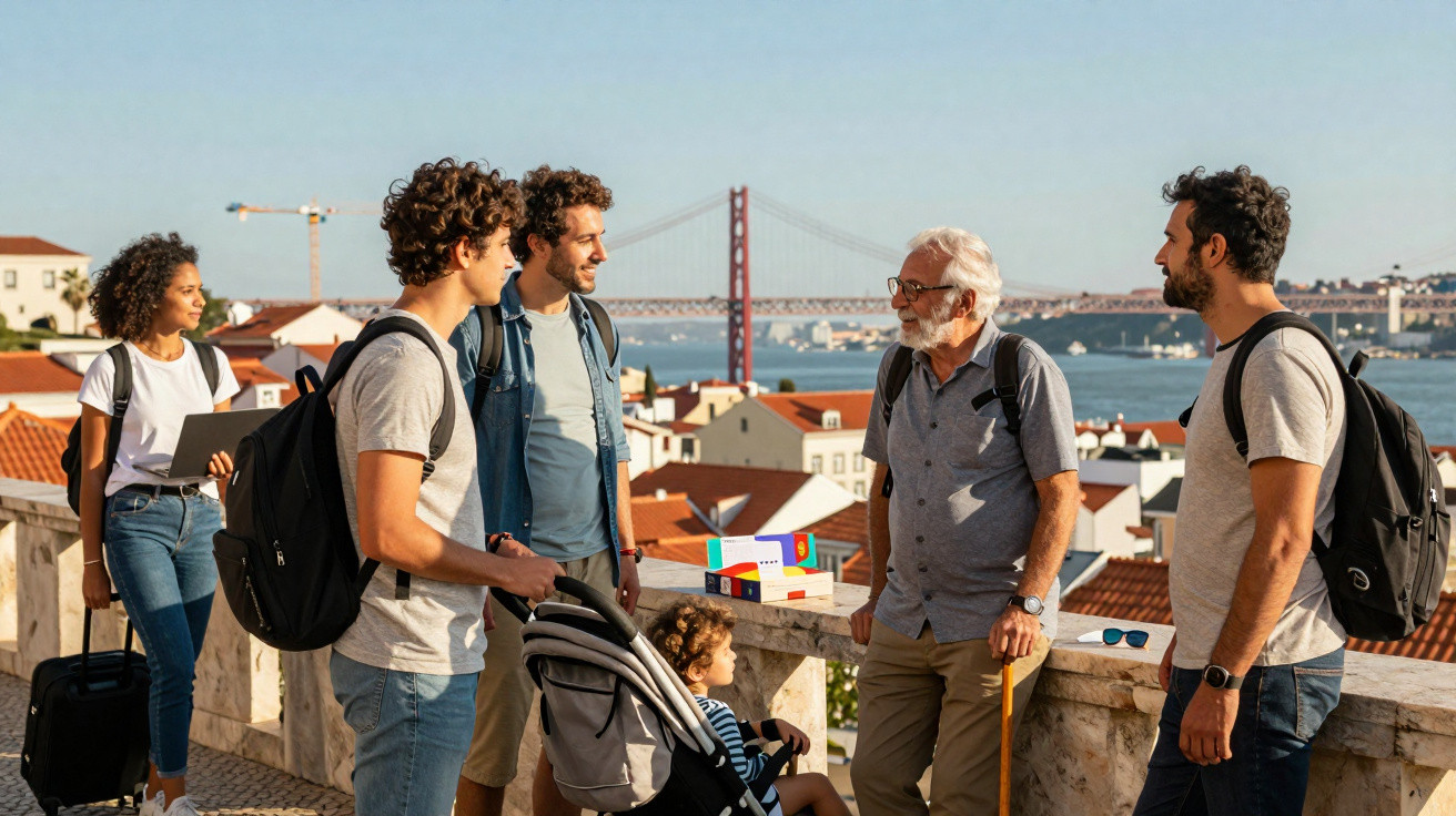 Grupo de pessoas conversando em mirante com vista para o Rio Tejo e a ponte 25 de Abril em Lisboa.