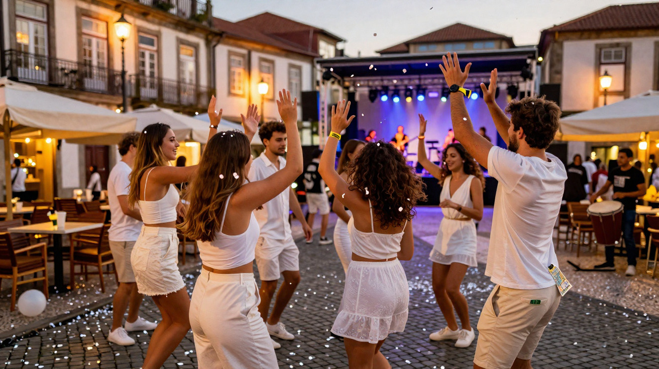 Jovens vestidos de branco dançam em festa ao ar livre com palco iluminado ao fundo no entardecer.