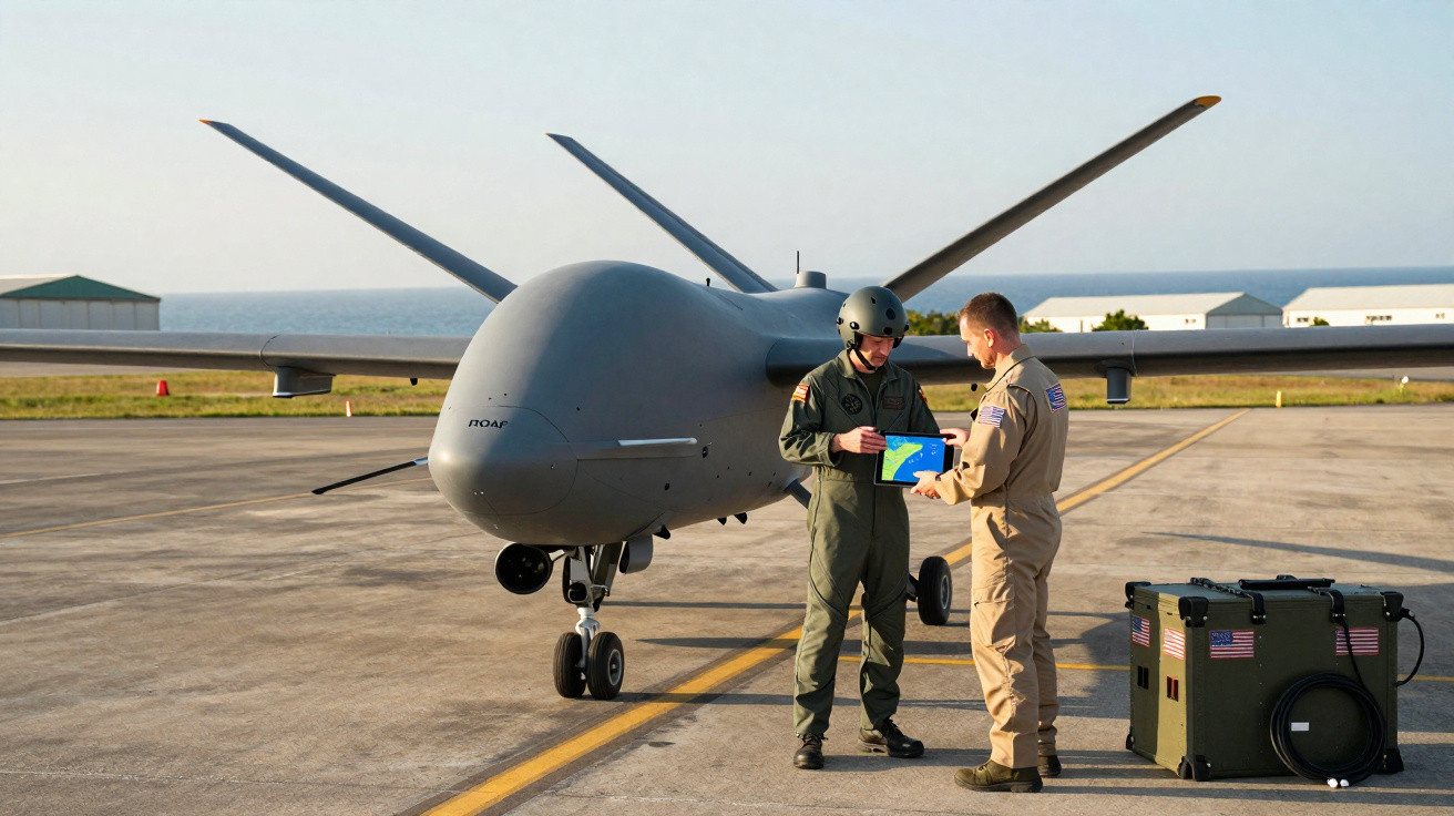 Dois militares em uniforme com drone militar estacionado em pista de aeroporto durante o dia.