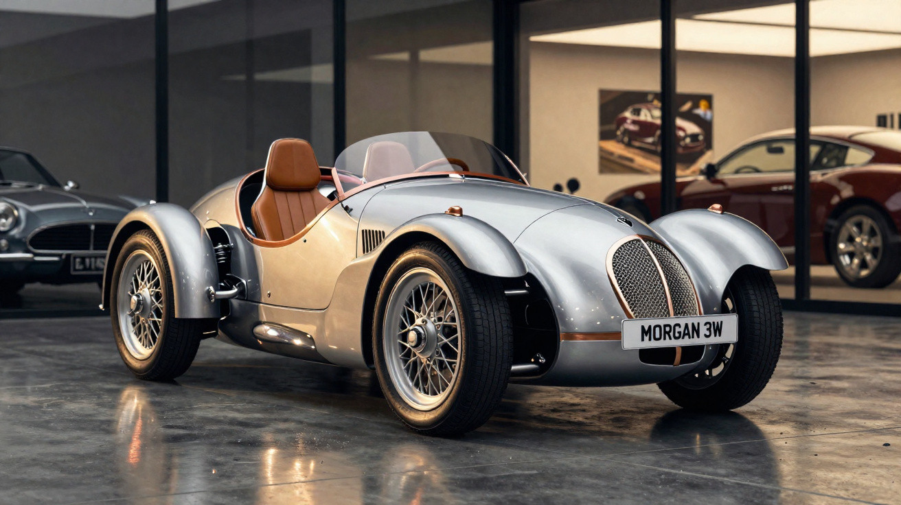 Carro esportivo clássico Morgan 3W prata com interior marrom em showroom moderno.