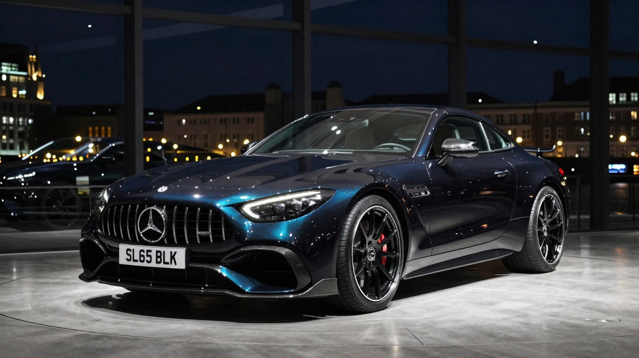 Carro esportivo Mercedes-Benz preto estacionado em ambiente interno com janelas refletindo luzes noturnas.