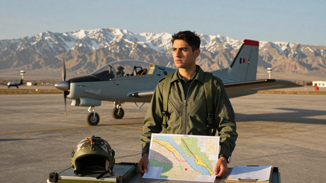 Homem com macacão verde segura mapa em pista de decolagem com avião e montanhas nevadas ao fundo.