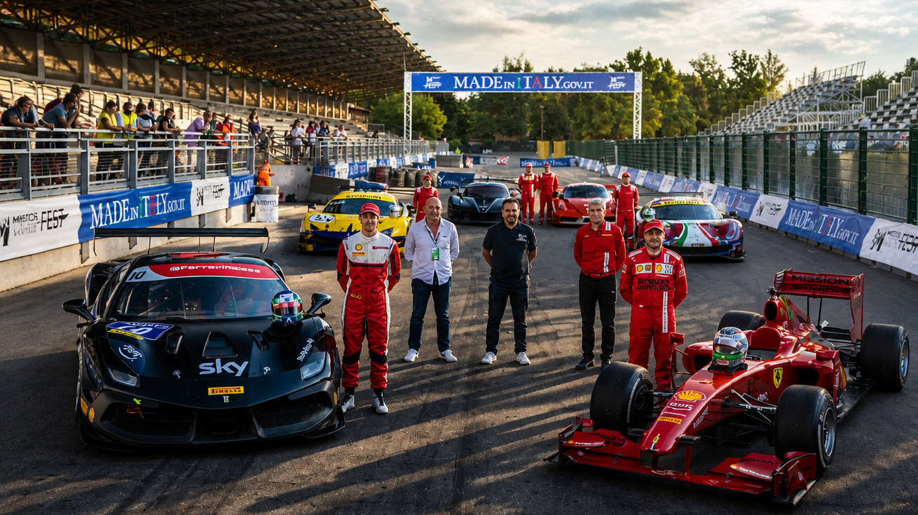 Pilotos e equipe posam com carros de corrida Ferrari em pista, sob luz do fim da tarde, com público nas arquibancadas.