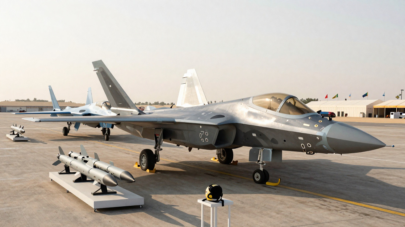 Caça F-39 Gripen estacionado em pista com armamentos expostos ao lado em dia claro.