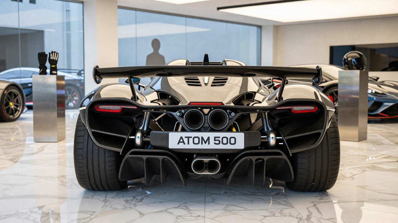 Carro esportivo preto visto de trás em showroom com placa ATOM 500 e pneus largos em piso de mármore.