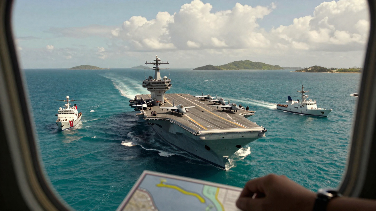 Porta-aviões e dois navios escoltas navegando no mar vistos pela janela de um avião.