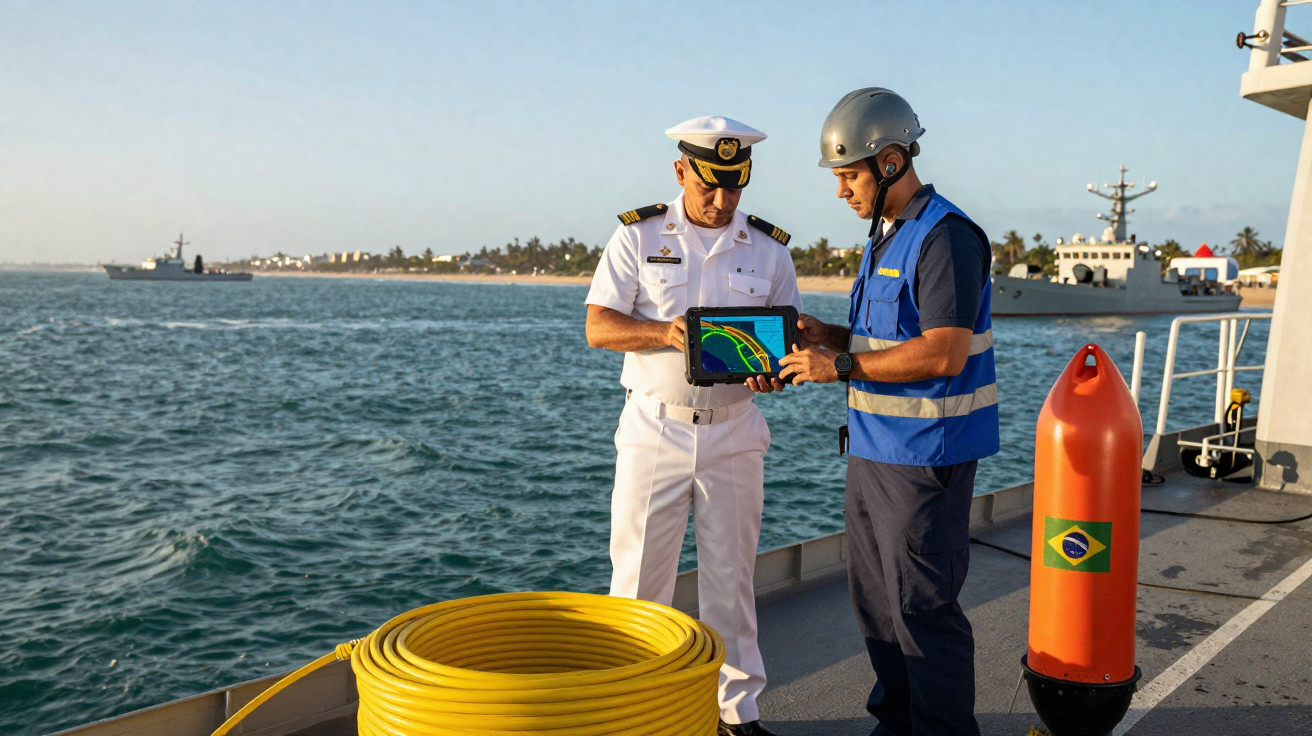 Dois homens, um fardado da marinha, analisam um tablet a bordo de um navio perto do mar.