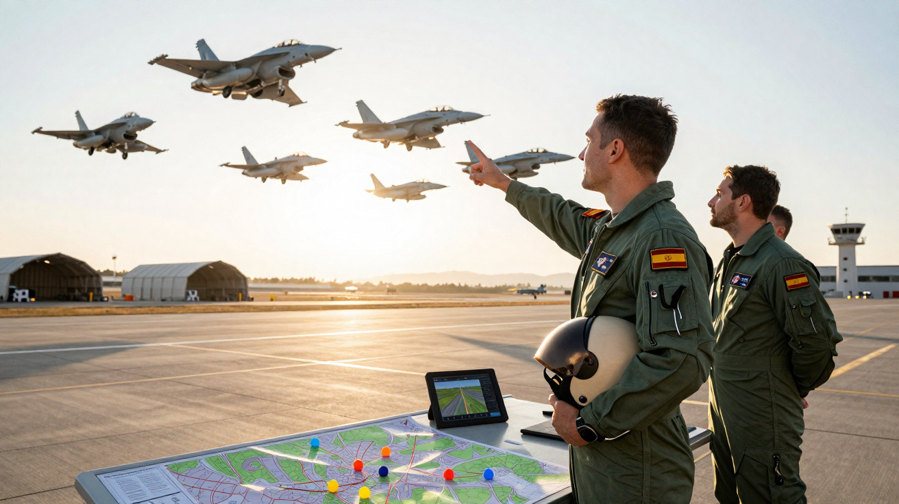 Dois militares observando jatos F-18 decolando em pista de aeroporto ao pôr do sol.