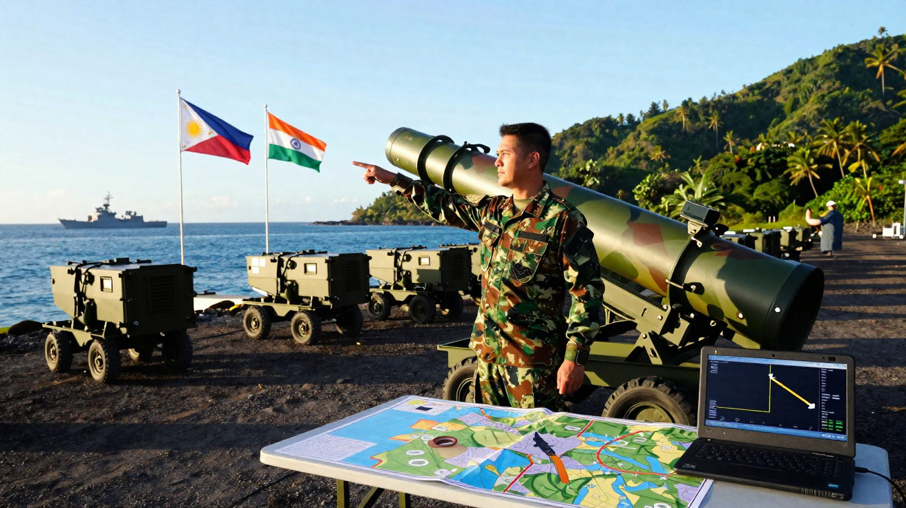 Soldado em uniforme militar aponta para o mar próximo a fogueteira, mapas e laptop em ambiente costeiro.
