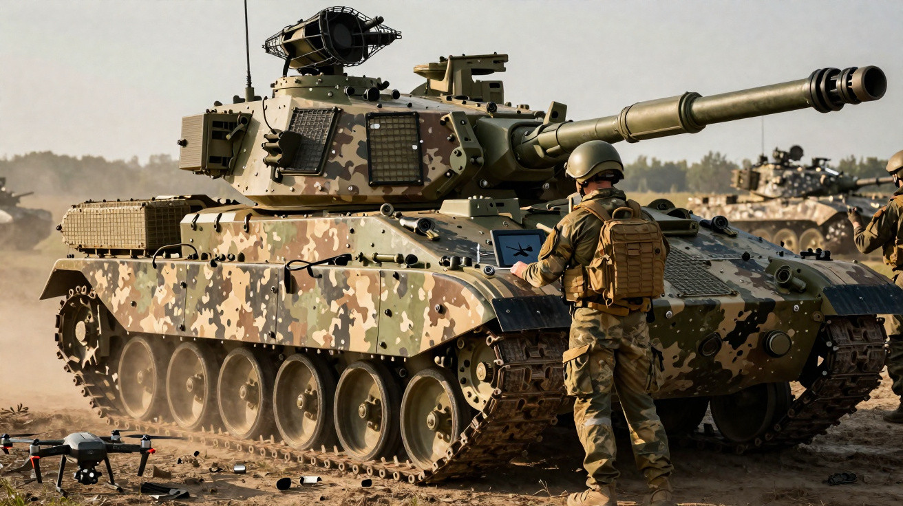 Tanque de combate camuflado com soldados e drone em terreno arenoso e aberto.