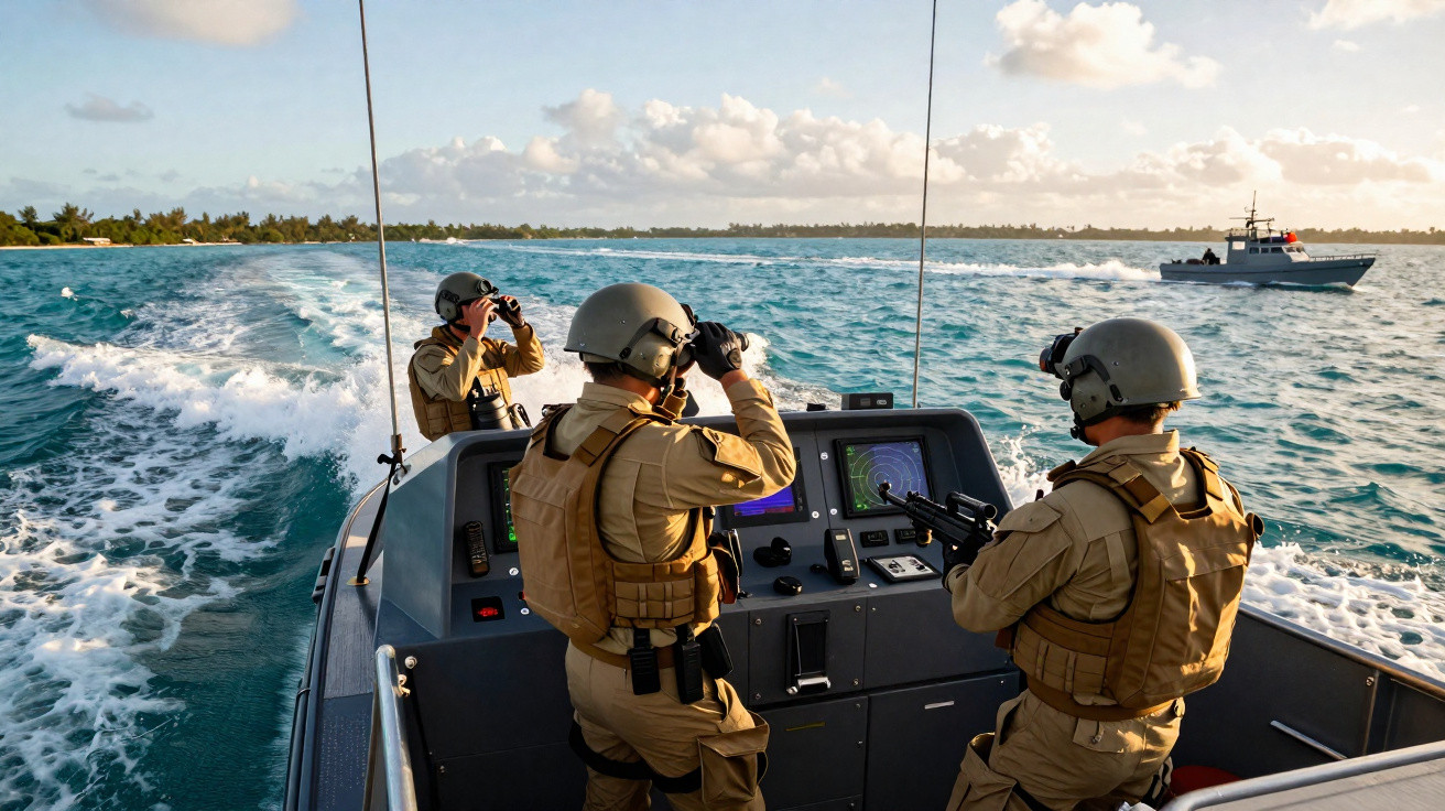 Três militares armados em barco de patrulha no mar, observando com binóculos e barco distante ao fundo.
