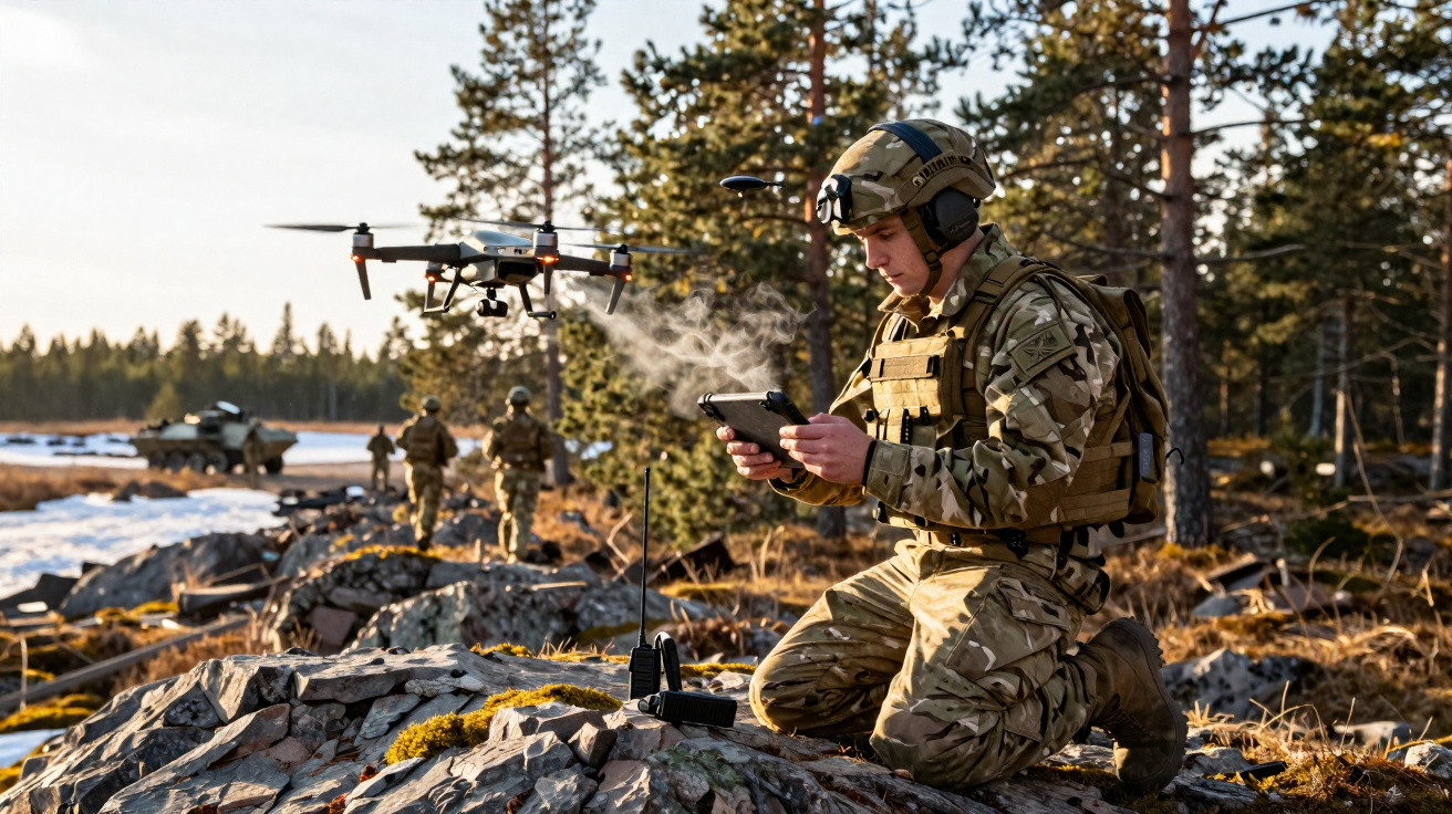 Soldado em uniforme camuflado operando drone em área rochosa com árvores e outros soldados ao fundo.