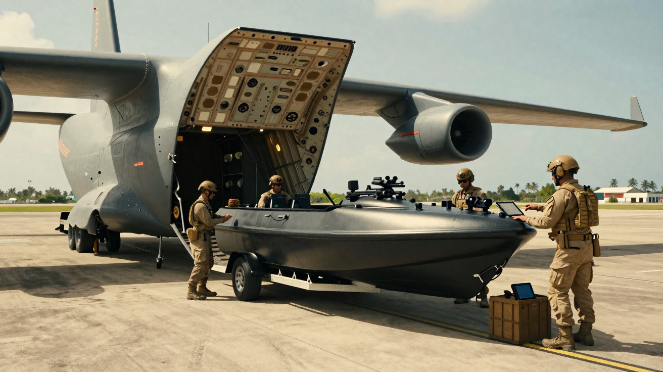 Militares carregam barco tático em trailer para dentro de avião militar com porta traseira aberta.