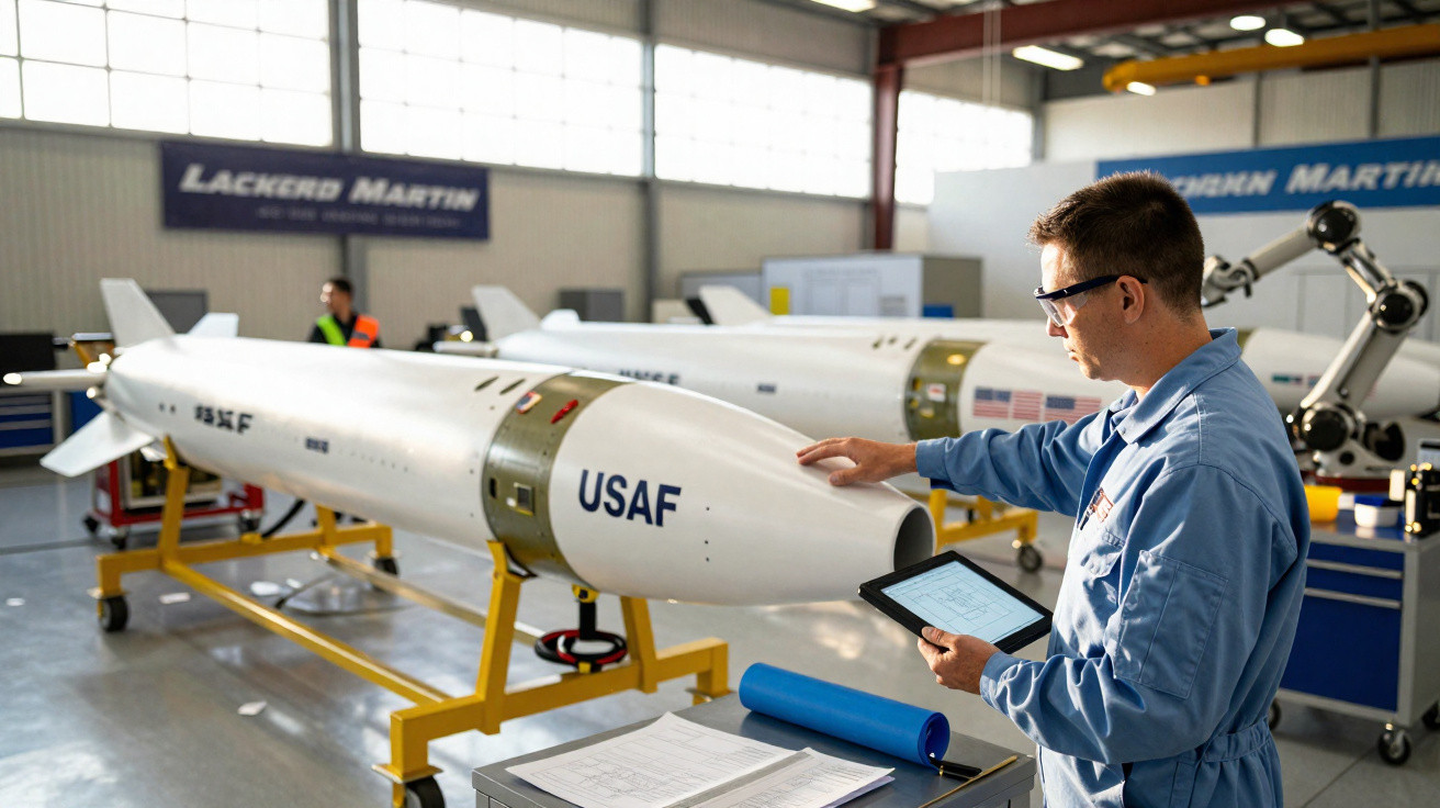 Técnico inspecionando míssil branco com a sigla USAF em oficina da Lockheed Martin.