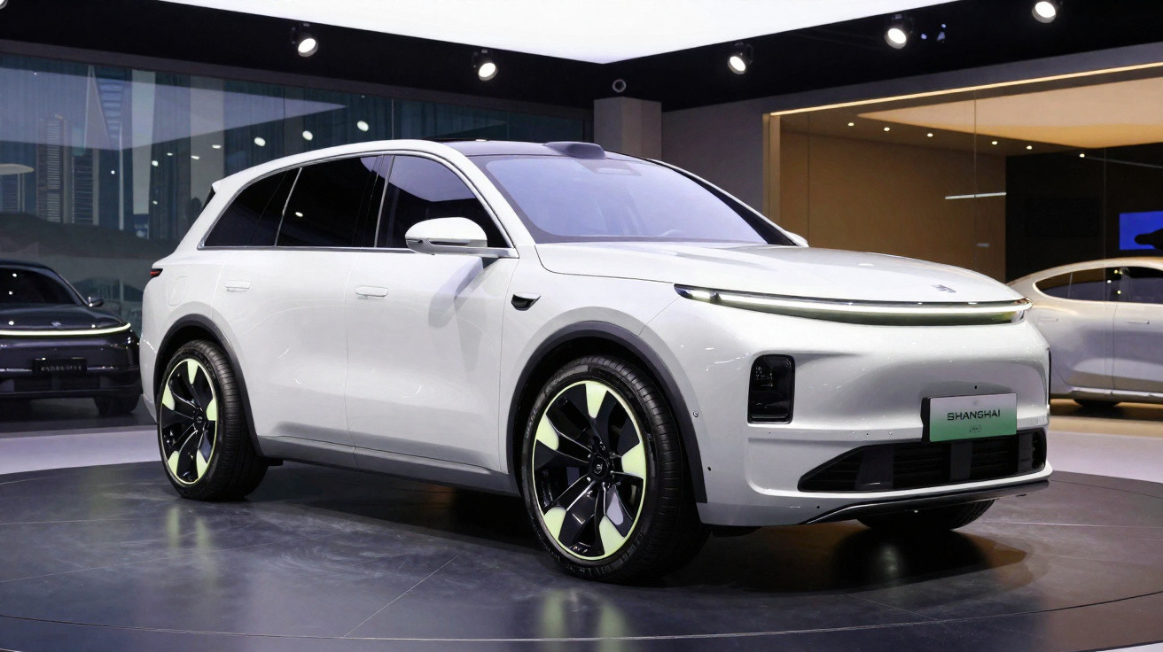 SUV elétrico branco com design moderno exposto em salão de automóveis moderno e iluminado.