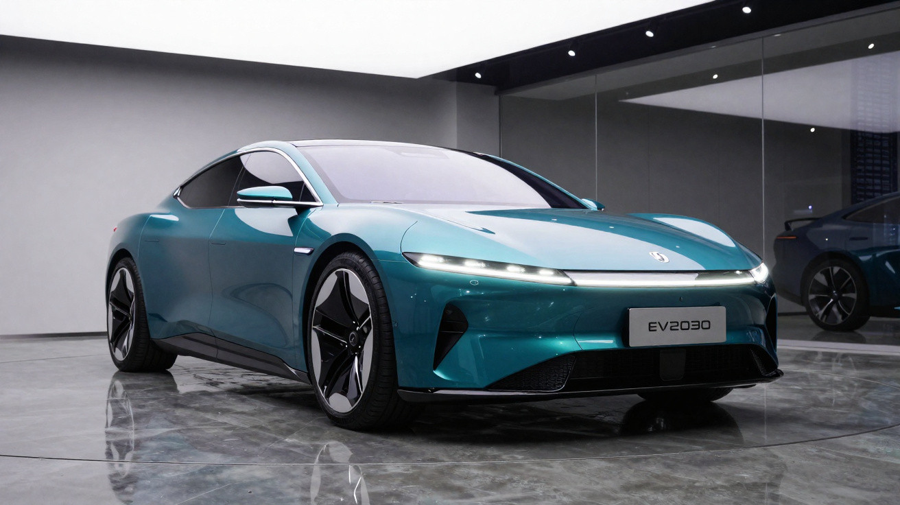 Carro elétrico esportivo azul EV2030 estacionado em ambiente moderno com piso espelhado e paredes de vidro.