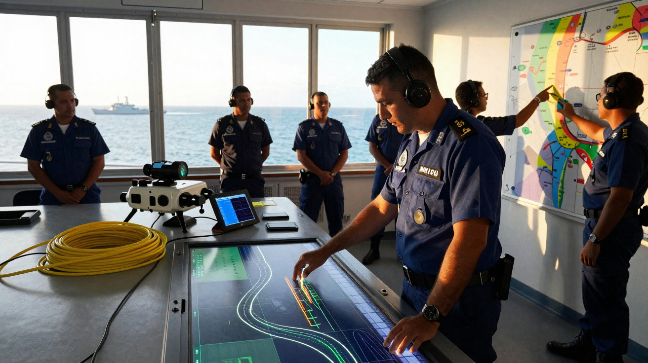 Equipe naval em uniforme azul utilizando equipamentos tecnológicos em sala com vista para o mar.