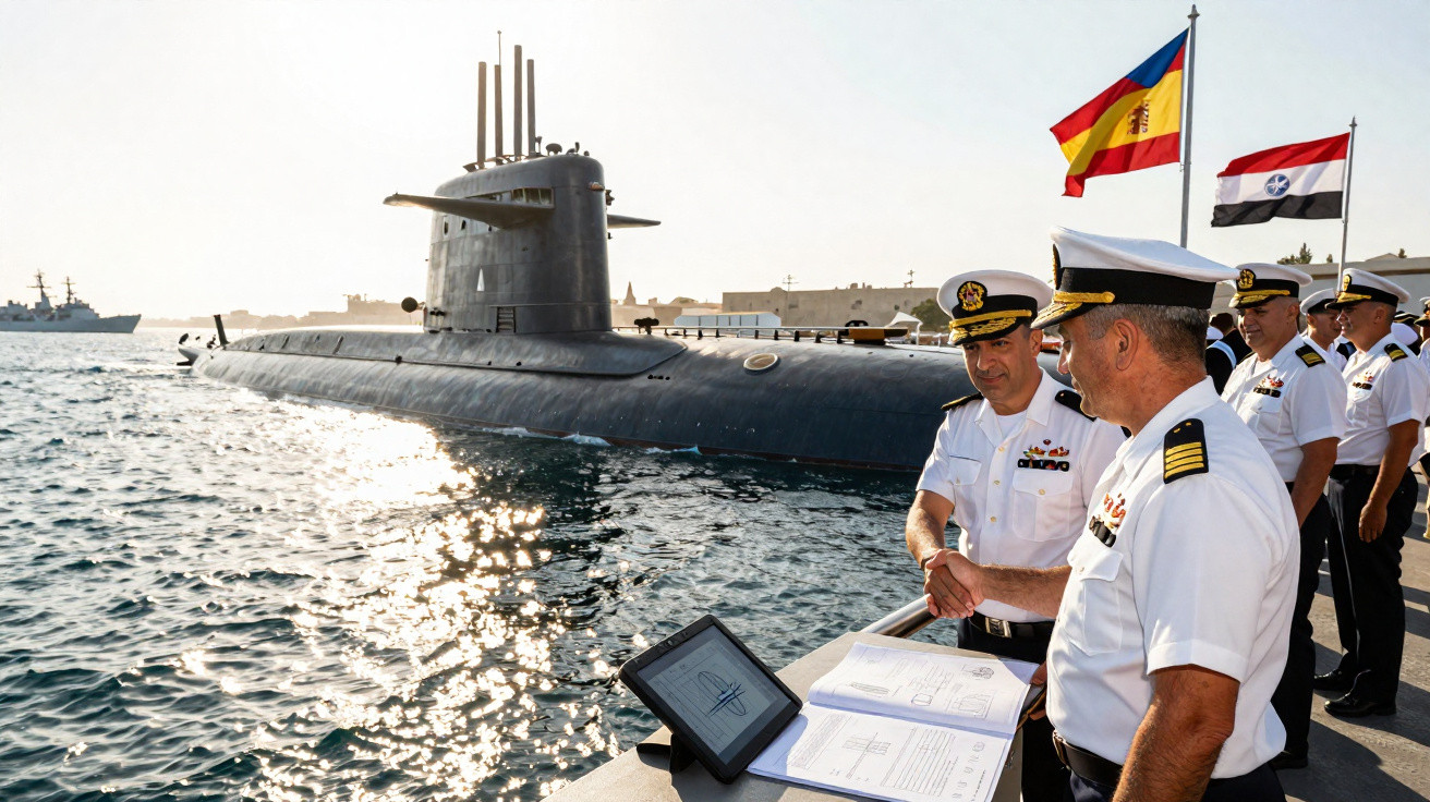 Oficiais navais apertam mãos em frente a submarino atracado, com bandeiras e mar ao fundo.