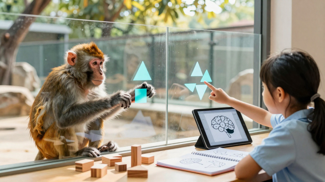 Macaco e criança interagem com formas geométricas em vidro, criança usa tablet com imagem de cérebro.