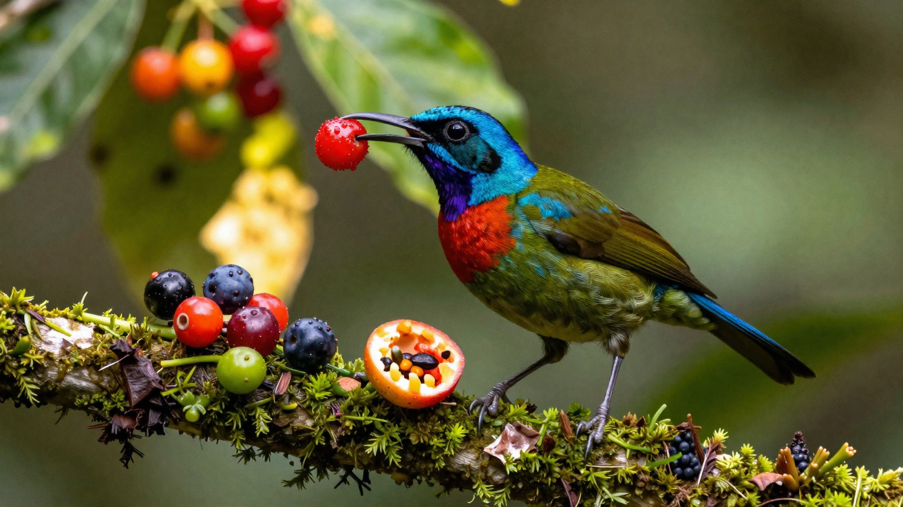 Pássaro colorido com penas azul, vermelho e verde segurando uma fruta vermelha em um galho com outras frutas.