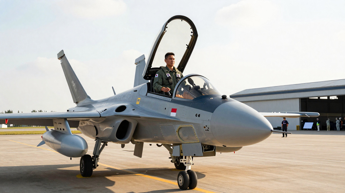 Piloto em uniforme militar sentado em caça cinza com cockpit aberto em pista de aeroporto.