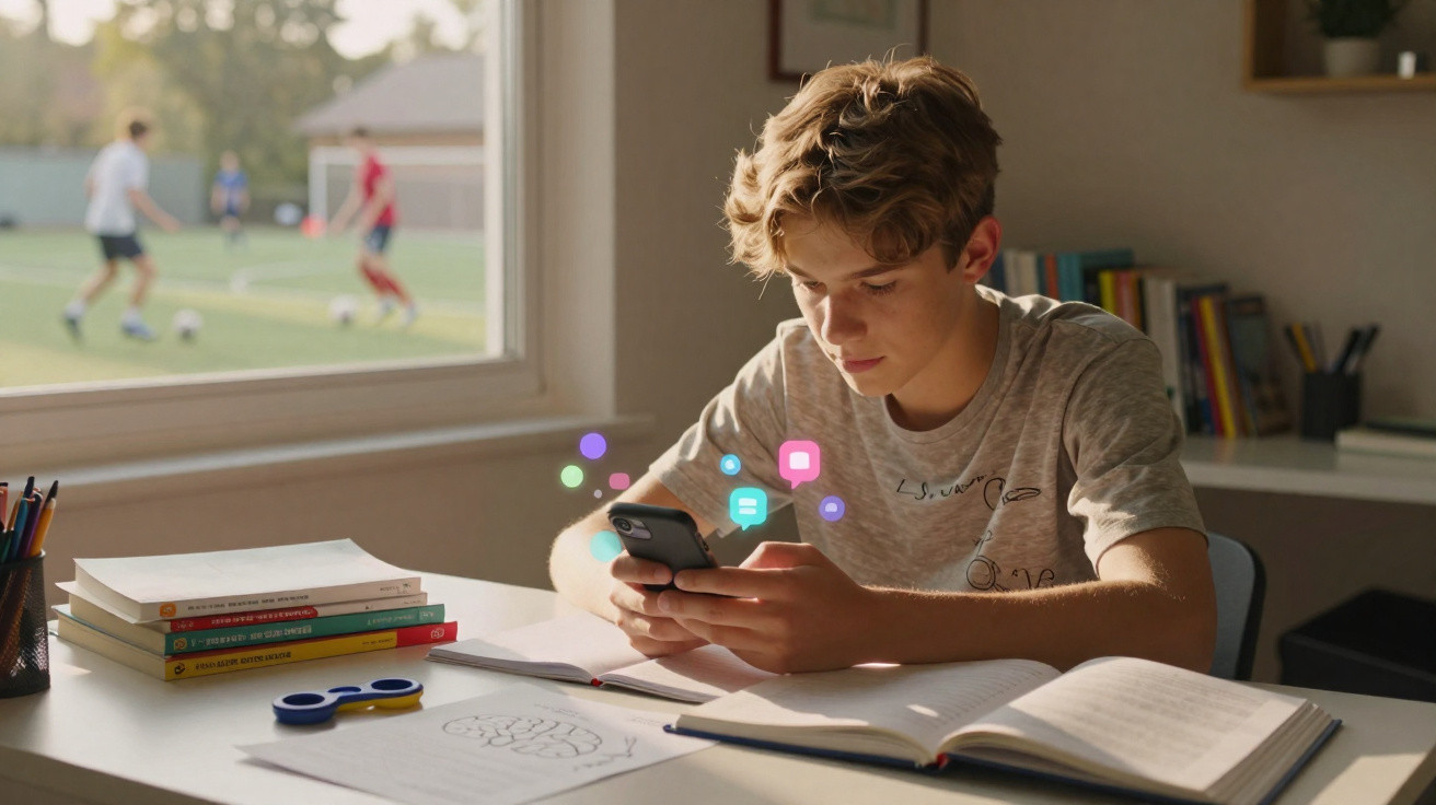 Jovem sentado à mesa estudando e usando celular, com jogadores de futebol ao fundo pela janela.