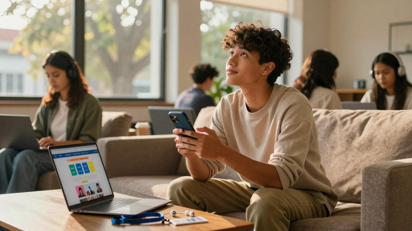 Jovem sentado em sofá segurando celular, laptop aberto em mesa, ambiente com outras pessoas usando laptops e fones.