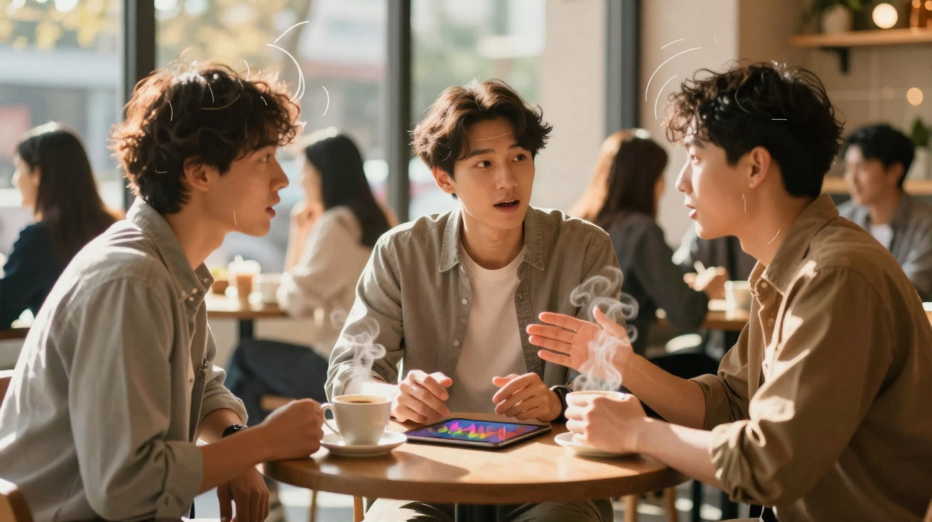 Três jovens conversam animadamente em café, com xícaras de chá quente e tablet na mesa.