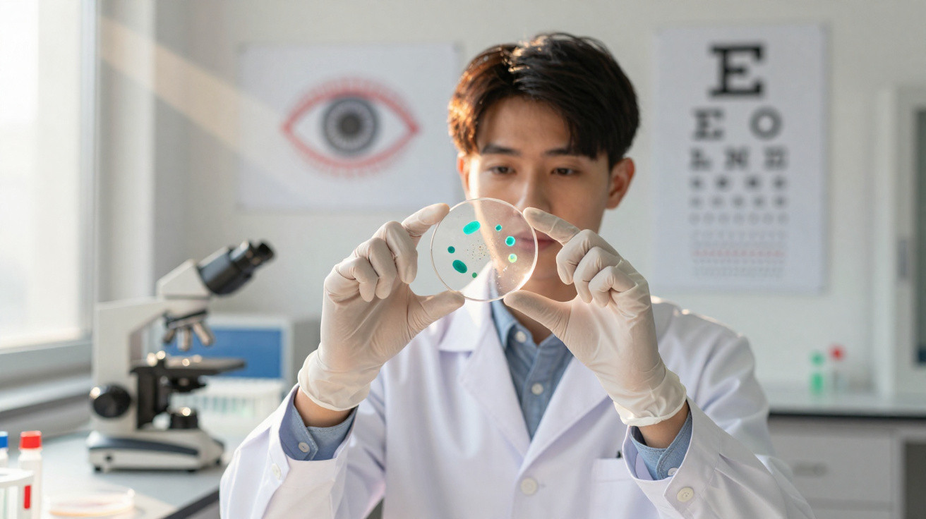 Cientista em laboratório segurando placa de Petri com colônias de bactérias verdes, usando jaleco e luvas.