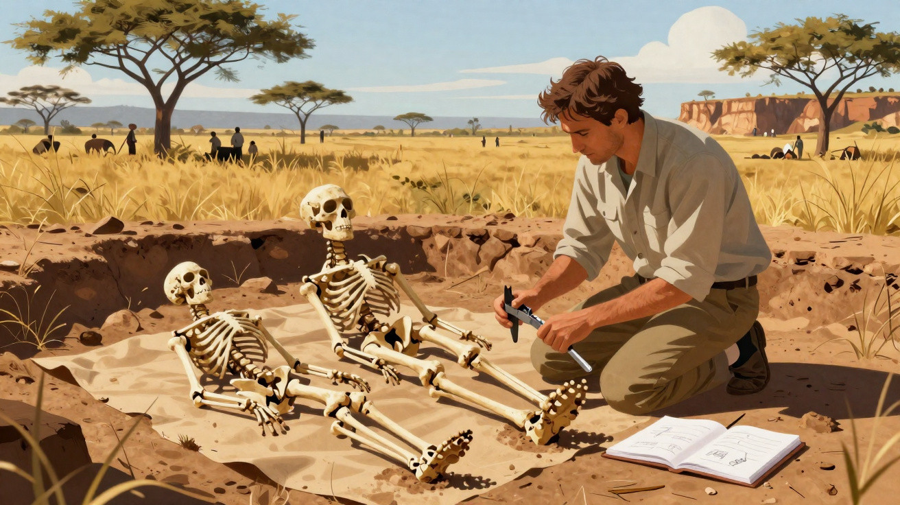 Arqueólogo mede mandíbulas de esqueletos humanos em escavação em paisagem africana seca com árvores e savana.