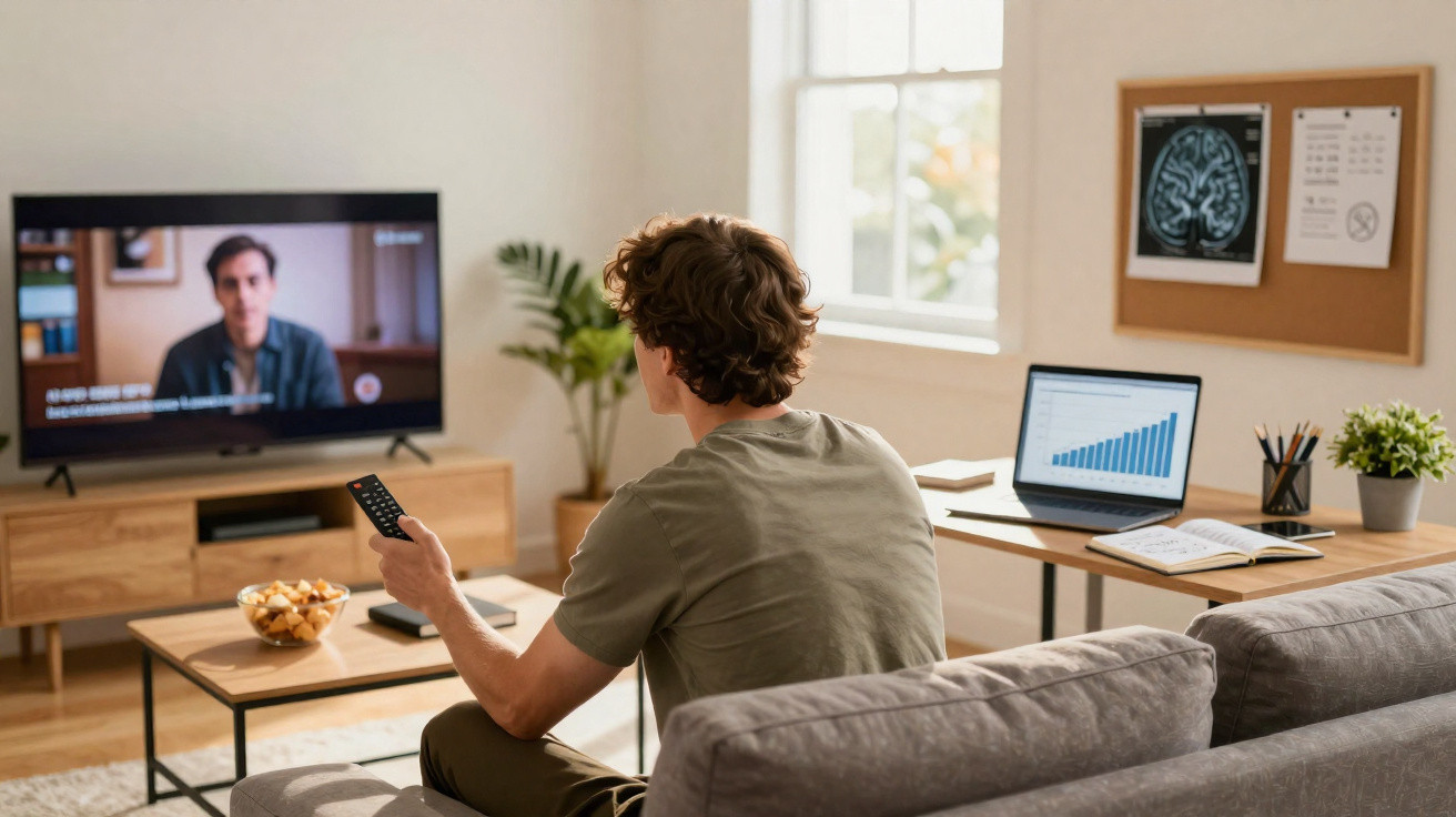 Homem sentado no sofá, assistindo televisão e com notebook aberto em mesa próxima.