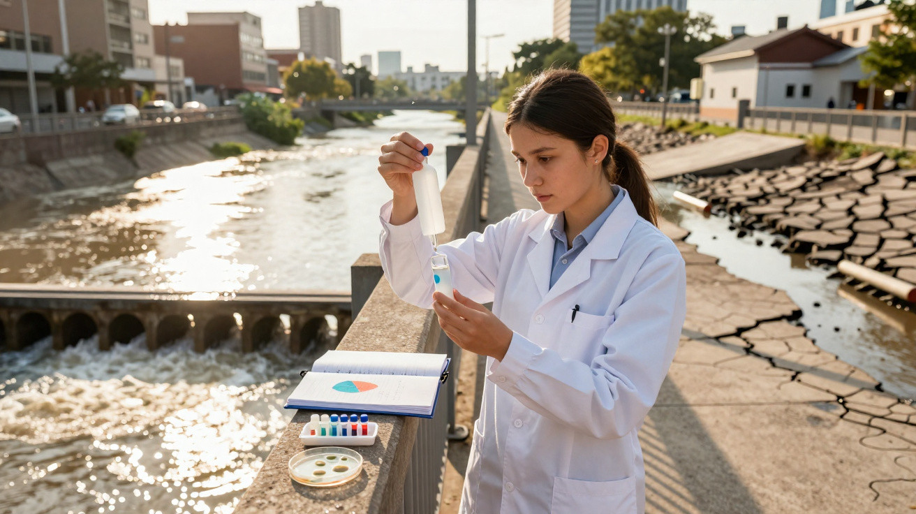 Mulher cientista coleta amostra de água para análise em área urbana próxima a rio poluído.