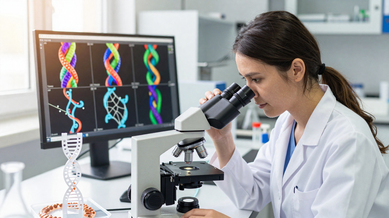 Mulher cientista usando jaleco observa amostra no microscópio em laboratório com imagens de DNA no computador.