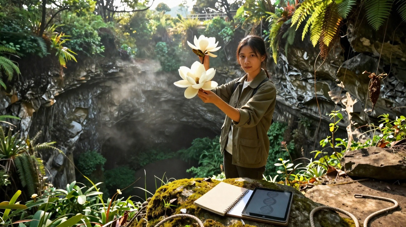 Jovem segurando flores brancas ao lado de caverna cercada por plantas e equipamentos de pesquisa.