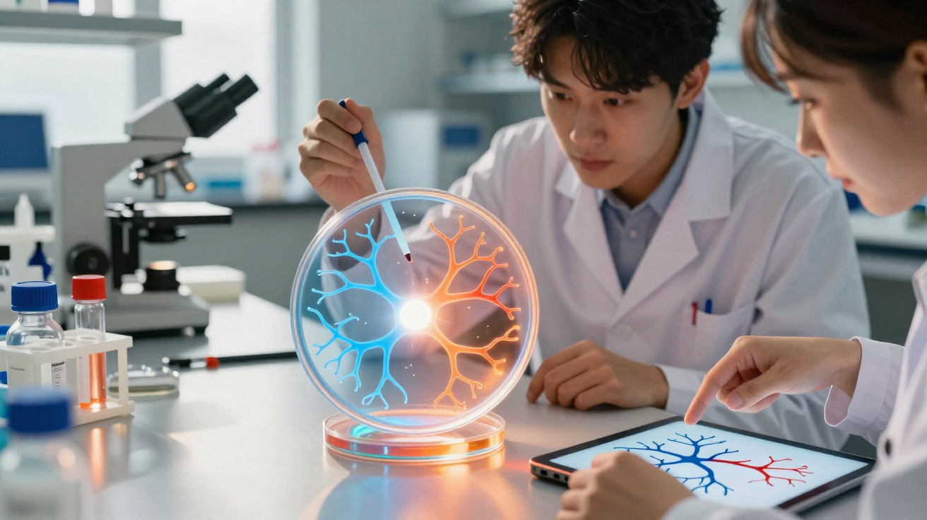 Dois cientistas em laboratório analisando modelo holográfico de células nervosas e dados em tablet.