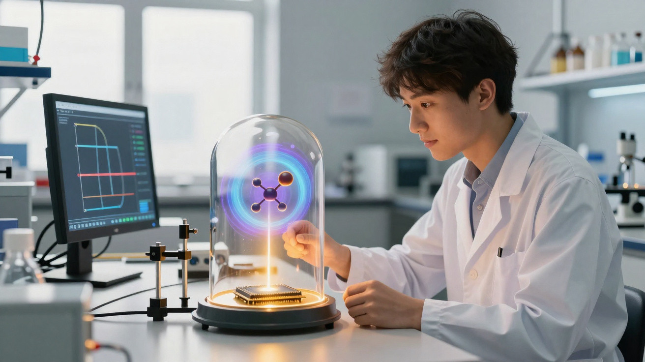 Cientista em laboratório observa modelo molecular holográfico sobre chip eletrônico.