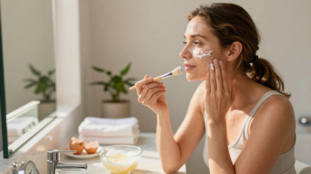 Mulher aplicando máscara facial com pincel no rosto em banheiro iluminado por luz natural.