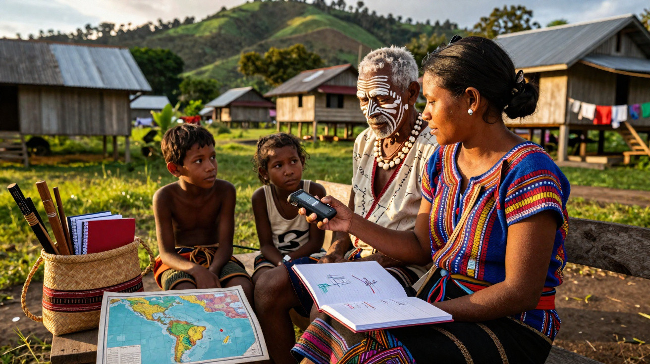 Comunidade indígena em área rural com mapa, cadernos e pessoa usando gravador para entrevista.