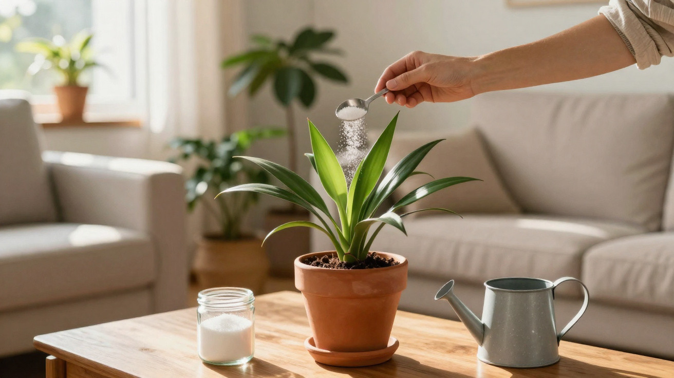 Pessoa polvilhando fertilizante em planta dentro de vaso em sala de estar iluminada.